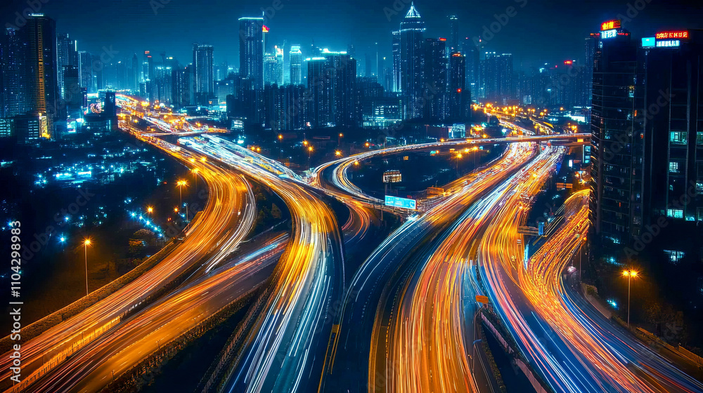 Vibrant night cityscape with illuminated highways and skyscrapers Vibrant night cityscape with illuminated highways and skyscrapers