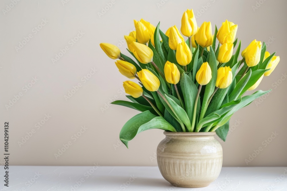Bouquet of vivid yellow tulips placed in ceramic vase on table against white wall in studio Bouquet of vivid yellow tulips placed in ceramic vase on table against white wall in studio