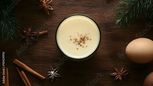 Ingredients for Homemade Eggnog: Eggs, cream, and spices on a dark wood background