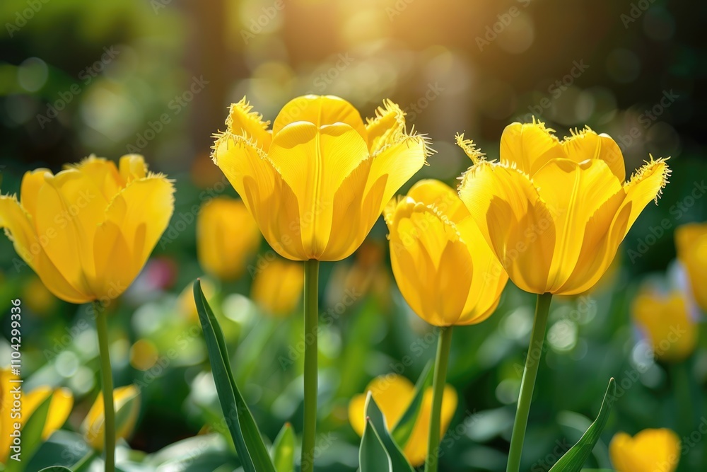 Vibrant yellow tulips with fringed edges in sunny garden. Vibrant yellow tulips with fringed edges in sunny garden.