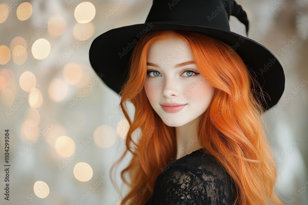 Young woman with red hair wearing a black hat poses outdoors in soft natural light Young woman with red hair wearing a black hat poses outdoors in soft natural light