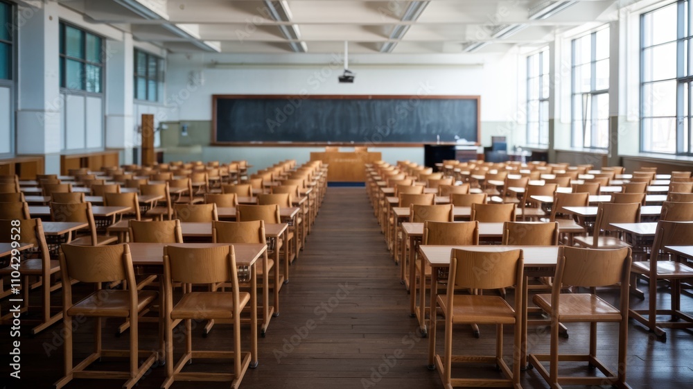 A large, empty classroom with wooden chairs. A large, empty classroom with wooden chairs.