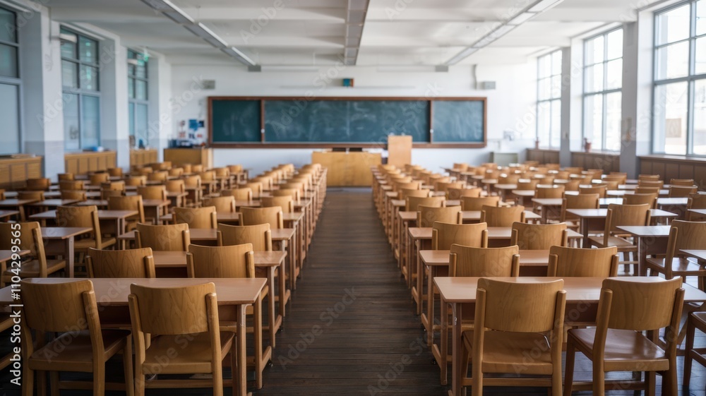 A large, empty classroom with wooden chairs. A large, empty classroom with wooden chairs.