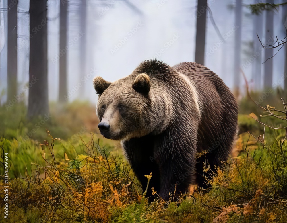 Brown bear walking in misty forest during autumn Brown bear walking in misty forest during autumn