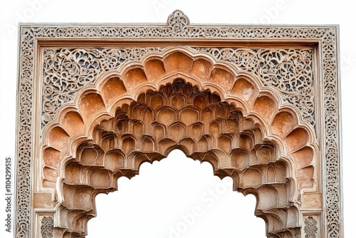 Intricate stone archway, ornate carvings, Islamic architecture.
