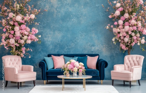 Elegant living room design with blue sofa and pink floral arrangements in a stylish interior setting photo