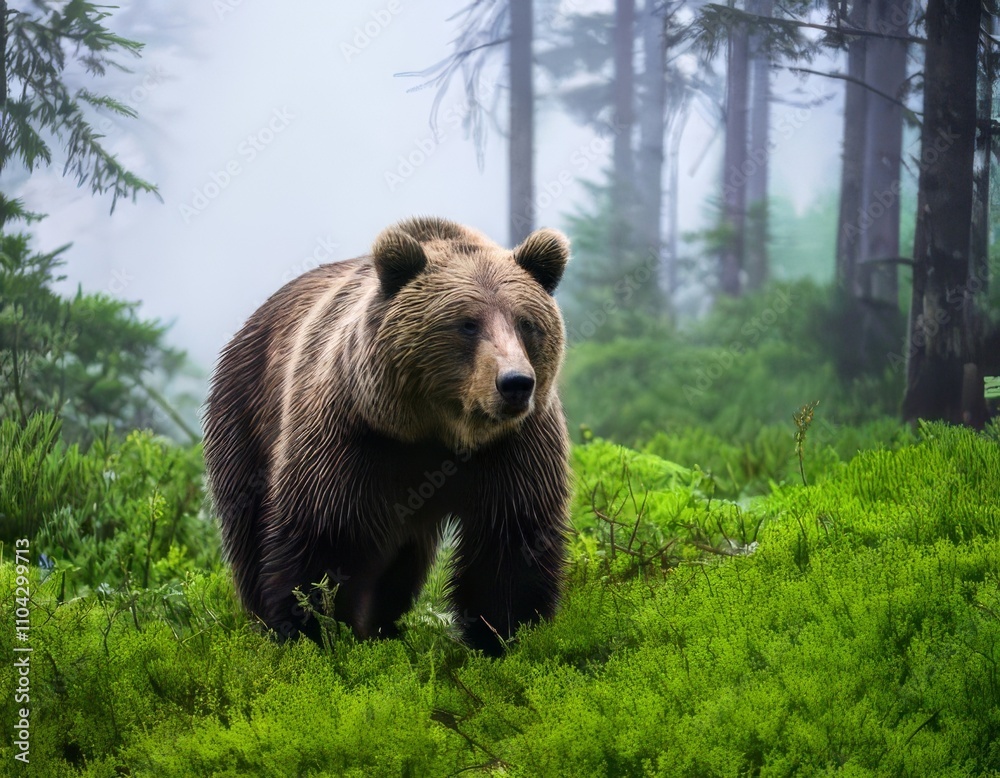 Large brown bear walking through colorful autumn vegetation in a misty forest Large brown bear walking through colorful autumn vegetation in a misty forest