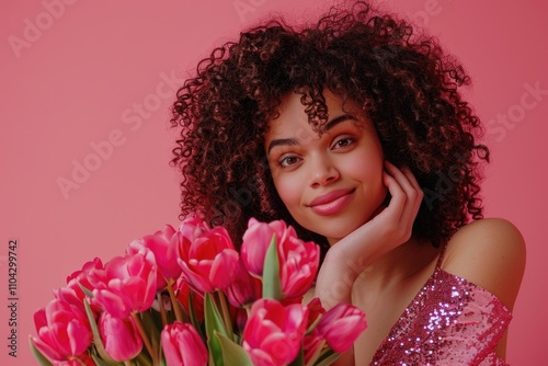 Woman in sequin dress holding pink tulips  smiling softly. photo