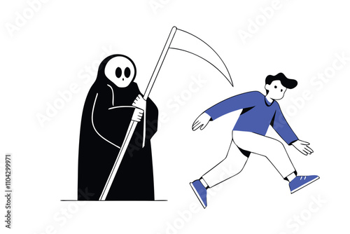 Man running away from death character. Man scared and panic. Thirst for life
