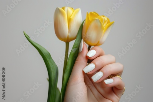 Yellow tulips in womans hand with white manicure and jewelry. #1104300139