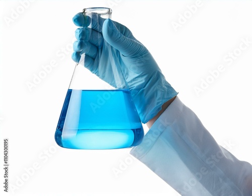 Scientist hand holding flask with chemistry liquid isolated on white background