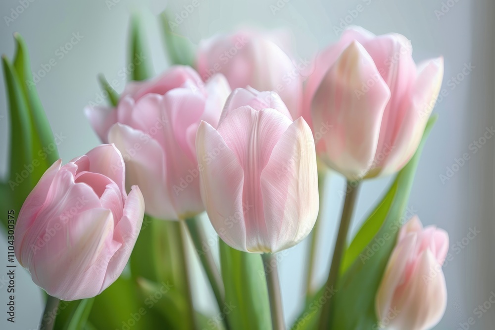 Fototapeta premium Soft light pink tulip bouquet on plain background with shallow depth of field