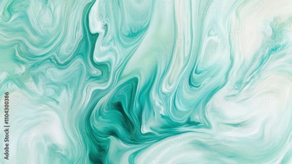 Obraz premium A soothing abstract background with soft, swirling patterns in aqua, teal, and white. The gentle curves and fluid motion evoke the refreshing essence of ocean waves, bringing a sense of calm