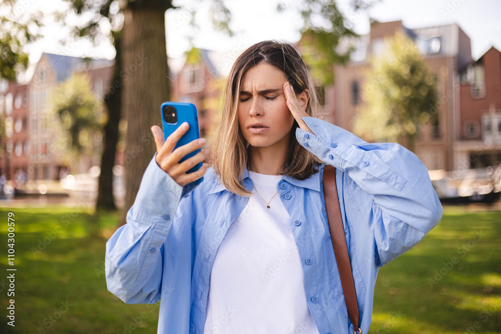 Blonde short hair woman wear blue shirt, hold mobile phone touch her head and rolling her eyes, omg, wtf standing in the park. Puzzled frustrated girl in shock and look angry, mad. Blonde short hair woman wear blue shirt, hold mobile phone touch her head and rolling her eyes, omg, wtf standing in the park. Puzzled frustrated girl in shock and look angry, mad.