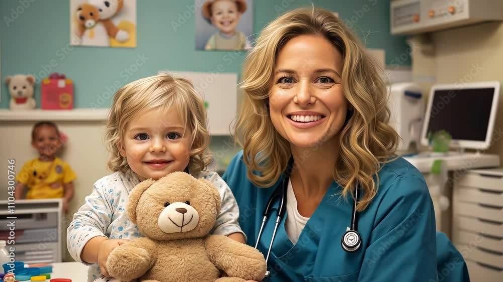 Smiling healthcare professional and child with teddy bear in clinic during routine check-up Smiling healthcare professional and child with teddy bear in clinic during routine check-up