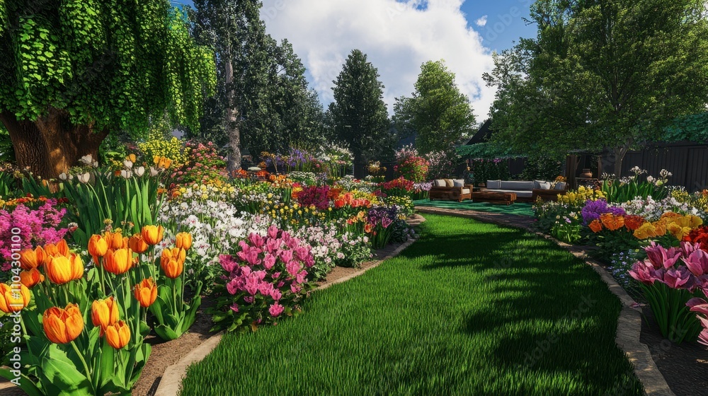 Vibrant Flower Garden Landscape with Lush Greenery and Pathway Vibrant Flower Garden Landscape with Lush Greenery and Pathway