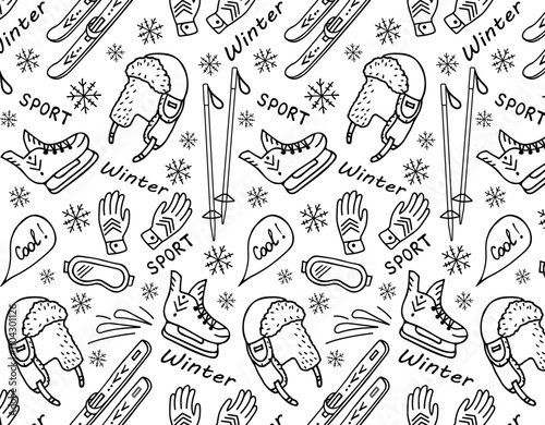 Winter pattern hand drawing. Winter clothing, items for winter sports and recreation. Seamless background for winter mood, Merry Christmas and happy New Year. Black and white print.