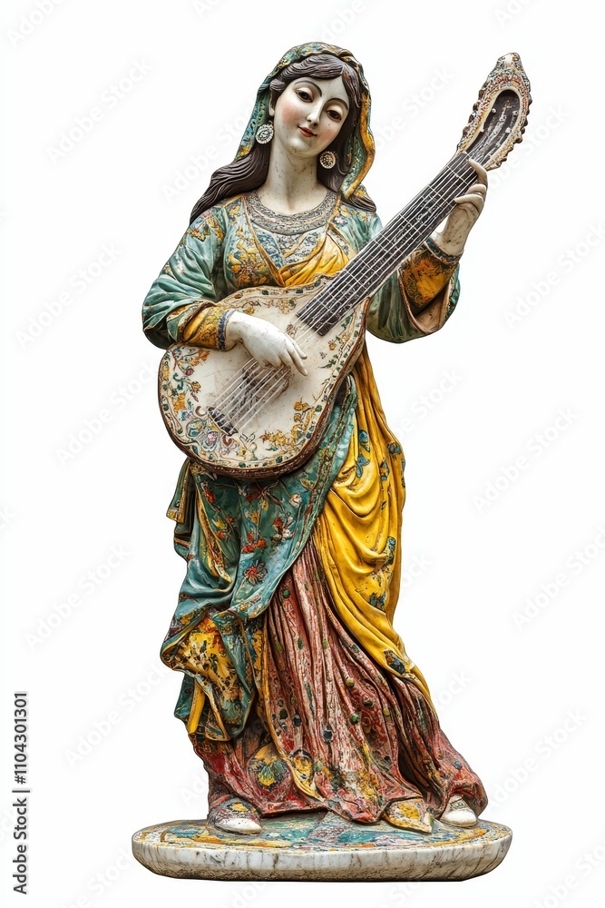 Fototapeta premium Ornate statue, woman playing colorful lute.