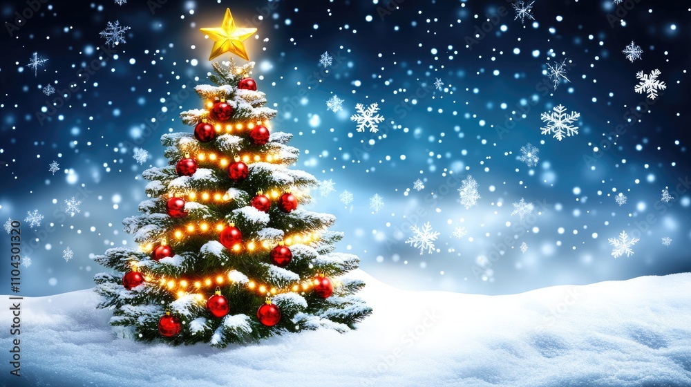 Snowy Christmas Tree with Star and Ornaments in Winter Wonderland Snowy Christmas Tree with Star and Ornaments in Winter Wonderland