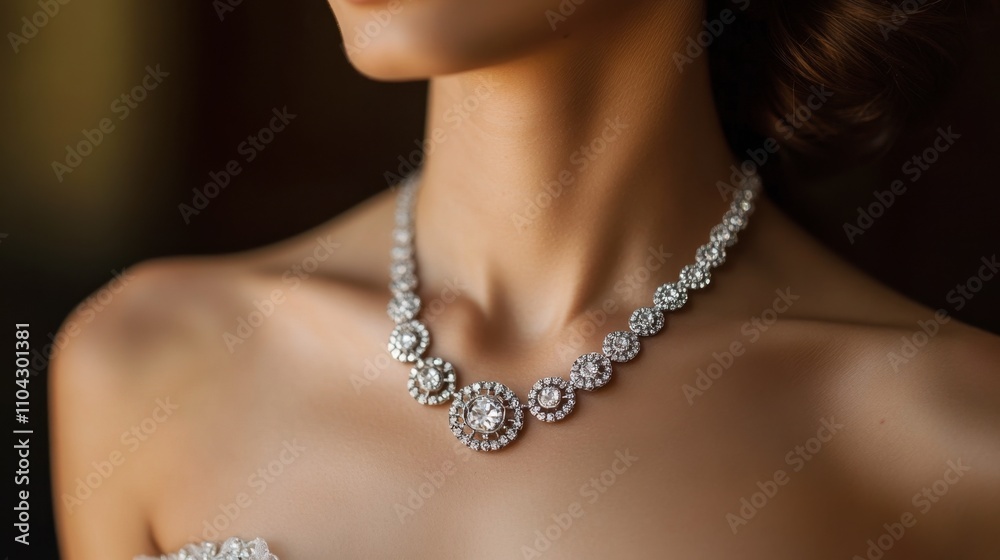 Elegant Woman Wearing Dazzling Silver Necklace with Gemstones Elegant Woman Wearing Dazzling Silver Necklace with Gemstones