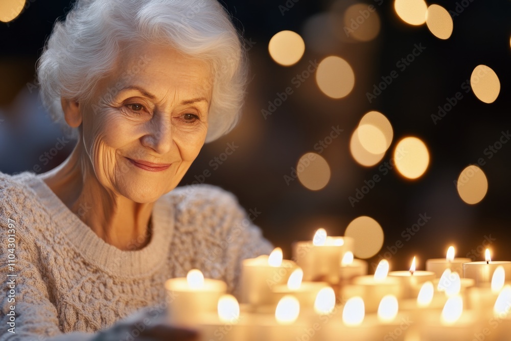 Elderly woman enjoying quiet moment with candles in softly lit room during festive season Elderly woman enjoying quiet moment with candles in softly lit room during festive season
