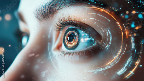 Generative AI image of closeup of woman eye with round lens analyzing information in futuristic world