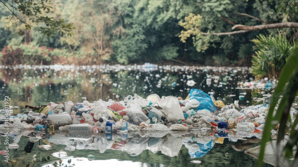 custom made wallpaper toronto digitalA large amount of plastic pollution in a beautiful lake. The lake is surrounded by nature with trees and plants around the edges. The surface of the lake is covered with bags, bottles and other debris