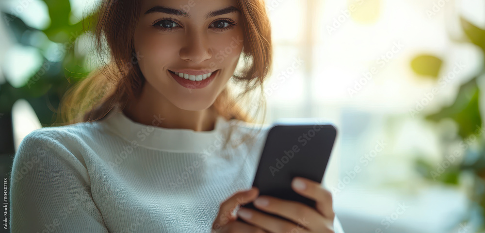 Smiling Businesswoman Using Smartphone in Office for Networking and Communication Smiling Businesswoman Using Smartphone in Office for Networking and Communication