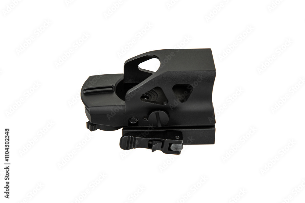 A black tactical reflex sight with adjustment knobs and a mounting base, designed for precision aiming on firearms, isolated on a white back. A black tactical reflex sight with adjustment knobs and a mounting base, designed for precision aiming on firearms, isolated on a white back.