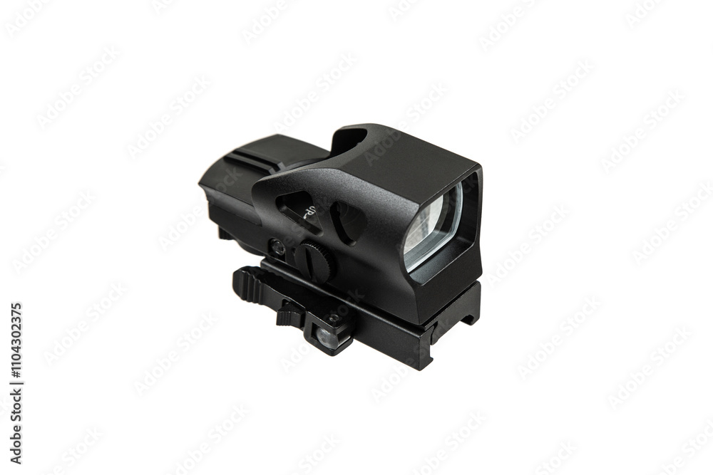 A black tactical reflex sight with adjustment knobs and a mounting base, designed for precision aiming on firearms, isolated on a white back. A black tactical reflex sight with adjustment knobs and a mounting base, designed for precision aiming on firearms, isolated on a white back.
