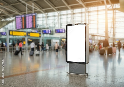 A blank digital billboard in a busy airport terminal surrounded by travelers and luggage