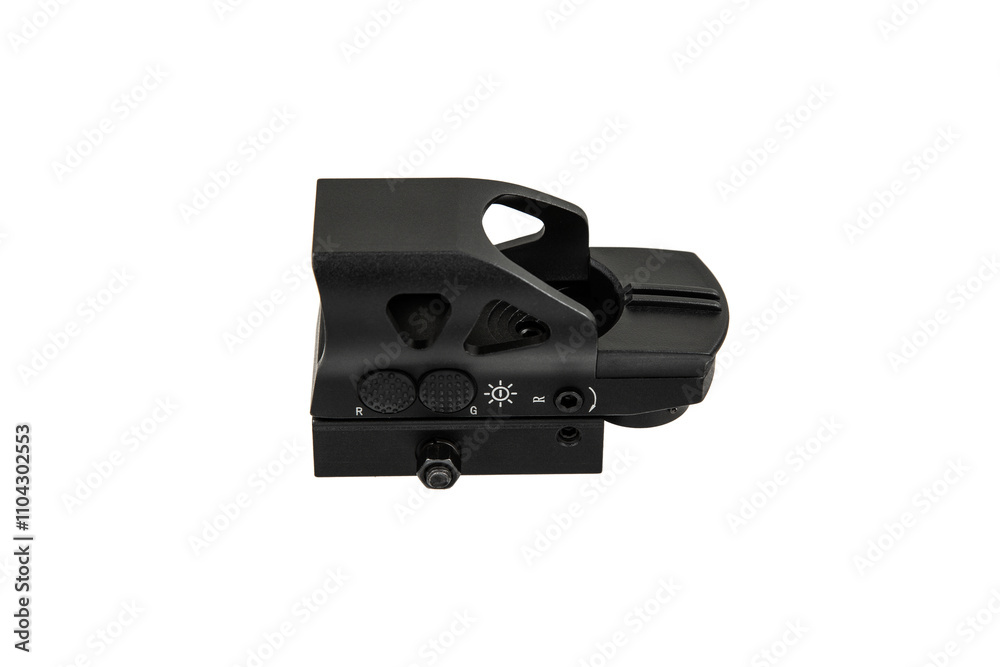 A black tactical reflex sight with adjustment knobs and a mounting base, designed for precision aiming on firearms, isolated on a white back.
