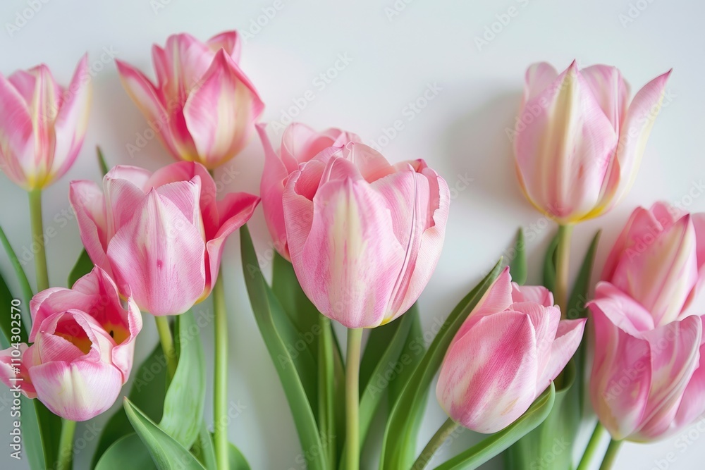 Spring seasonal flowers pink tulips on a plain white background close up Spring seasonal flowers pink tulips on a plain white background close up