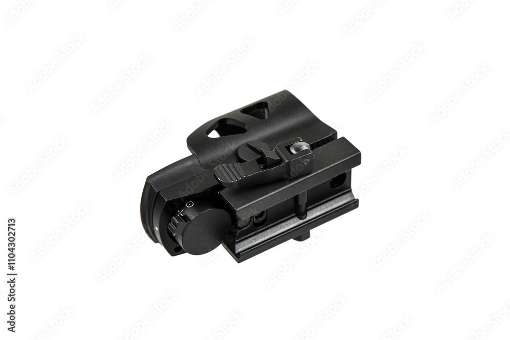 A black tactical reflex sight with adjustment knobs and a mounting base, designed for precision aiming on firearms, isolated on a white back. A black tactical reflex sight with adjustment knobs and a mounting base, designed for precision aiming on firearms, isolated on a white back.