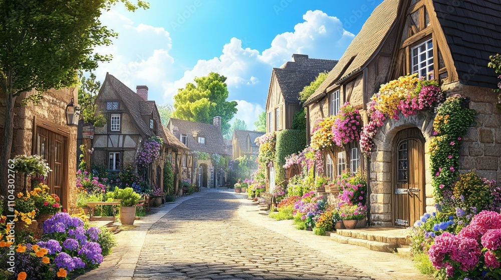 Fototapeta premium Charming Flower-Laden Village Street in Bright Spring Sunshine