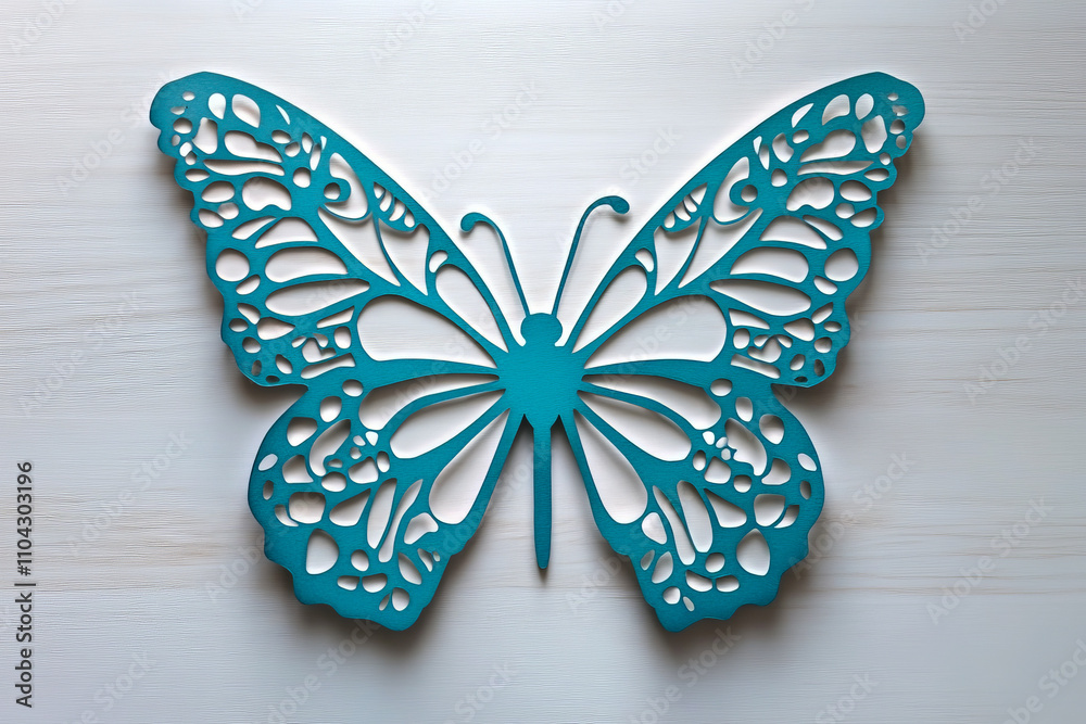 Fototapeta premium Intricate blue butterfly wall art with detailed cutout patterns on white background