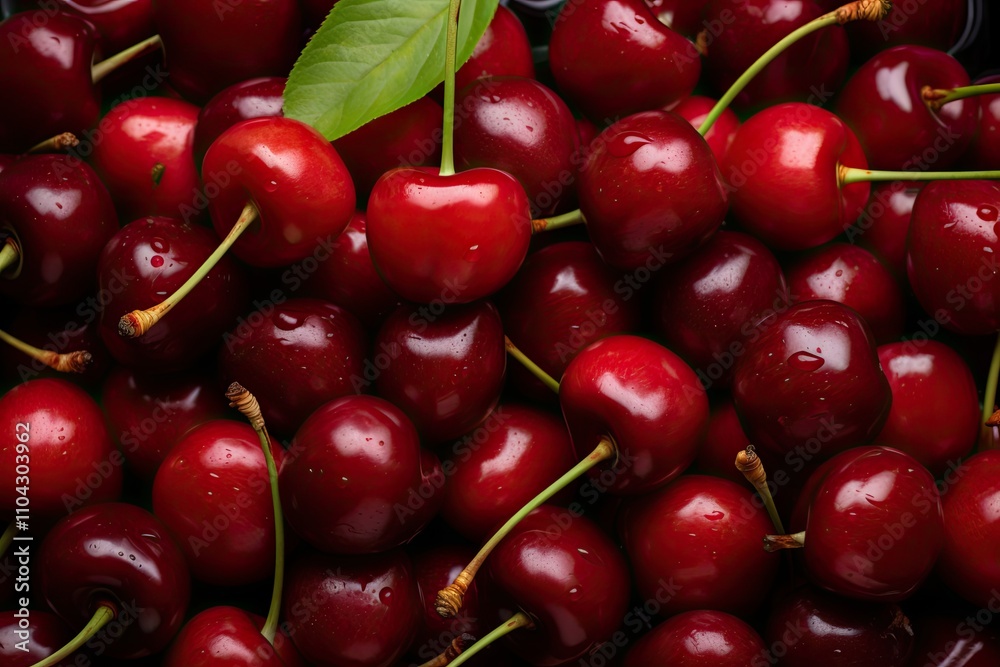 Close up of abundant ripe cherries with stalks and leaves forming a large fresh red collection and serving as the background Close up of abundant ripe cherries with stalks and leaves forming a large fresh red collection and serving as the background