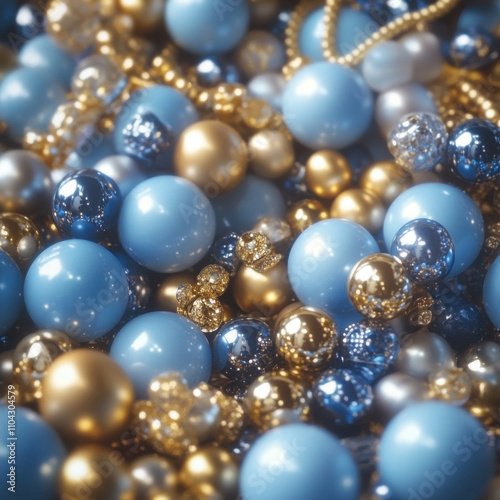 Many different kinds of jewelry in vibrant ball pit filled with blue, gold, and silver beads create playful and luxurious atmosphere