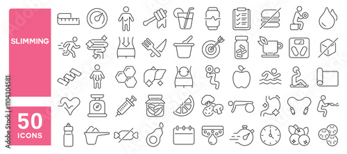 Set of 50 line icons related to slimming, weight, loss, healthy, body, waist, belly, exercise, diet, slender, Editable stroke. Vector illustration