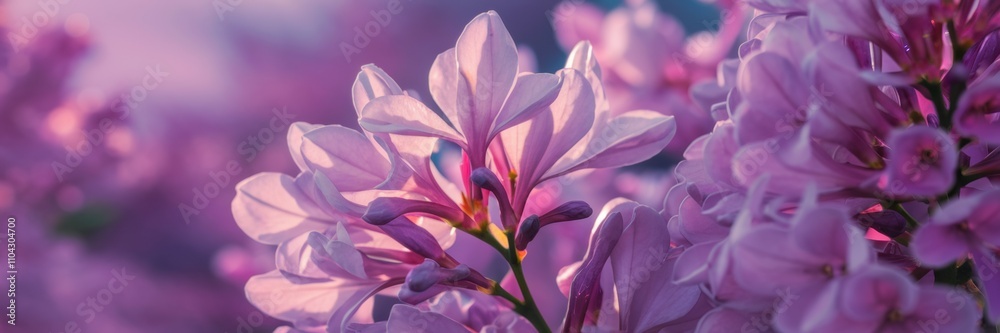 A banner with an image of lilac flowers in bloom. The delicate petals reveal a captivating blend of shades of lilac, violet and purple. In the background, a slight blur effect highlights the depth. A banner with an image of lilac flowers in bloom. The delicate petals reveal a captivating blend of shades of lilac, violet and purple. In the background, a slight blur effect highlights the depth.