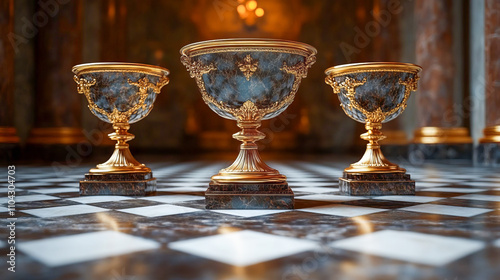 Elegant marble goblets with gold accents on ornate checkered floor in luxurious setting photo