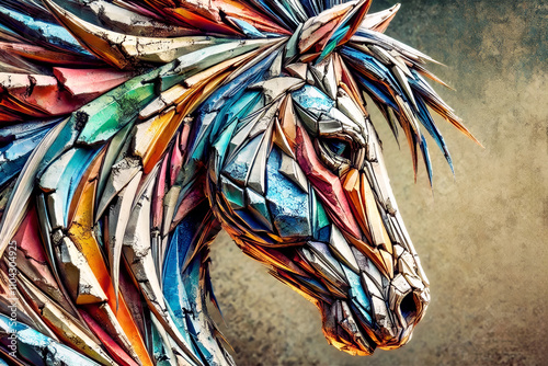 A vibrant, abstract horse head made of colourful, jagged geometric fragments, blending modern art with texture and dynamic energy.