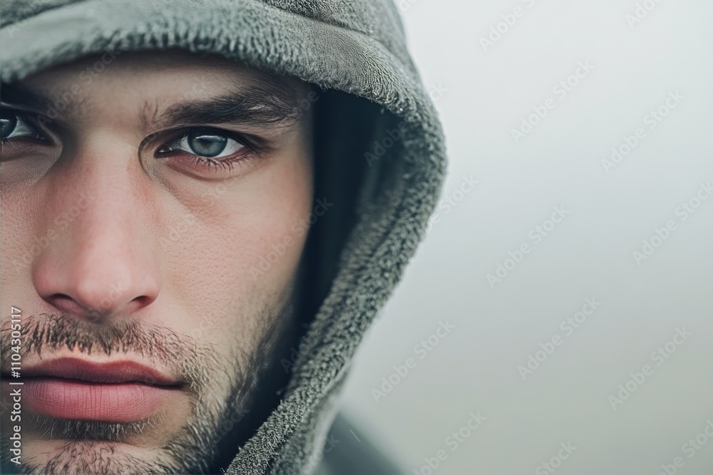 Close up of a man wearing a hoodie with intense expression and sharp gaze Close up of a man wearing a hoodie with intense expression and sharp gaze