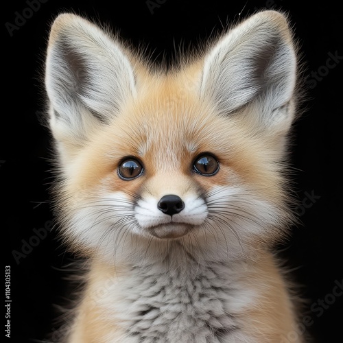 Adorable fox close-up with fluffy fur and sharp features on dark background.