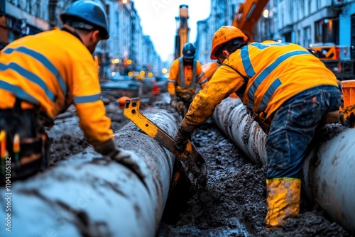 A group of construction workers is focused on installing large pipes in a muddy road setting, showcasing teamwork under challenging conditions during urban infrastructure work. photo