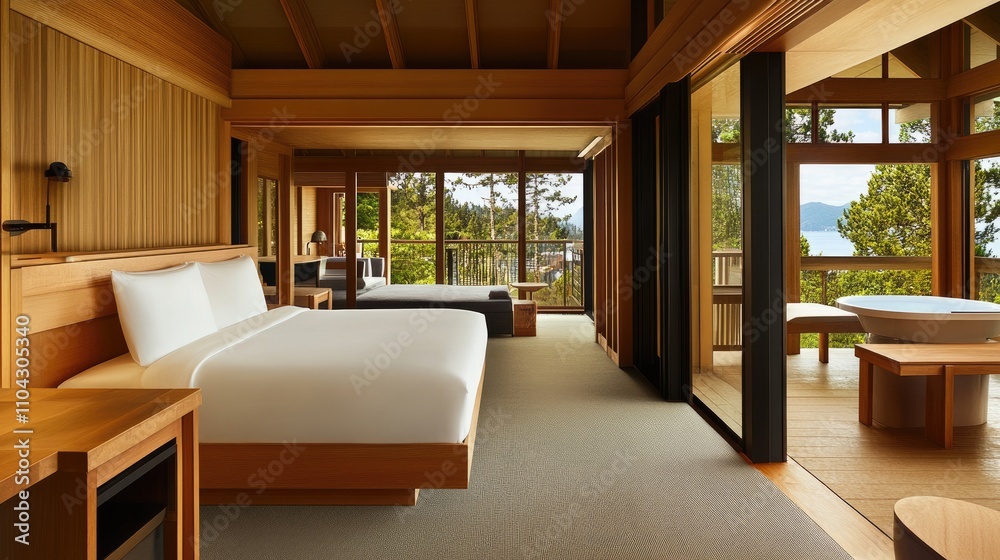 Naklejka premium Modern Minimalist Hotel Room with Scenic Nature View and Balcony