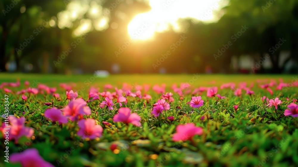 Vibrant Pink Flowers Blooming in Sunset Glow Over Green Grass Vibrant Pink Flowers Blooming in Sunset Glow Over Green Grass