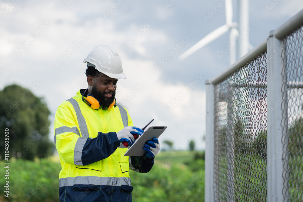 Service engineers checking system of windmill. Wind turbines generate electricity. Clean and Renewable energy concept.