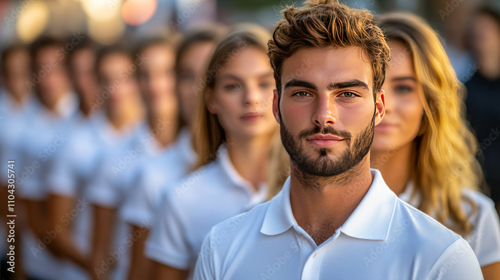 Confident young caucasian male leading a diverse group wearing white uniforms Confident young caucasian male leading a diverse group wearing white uniforms