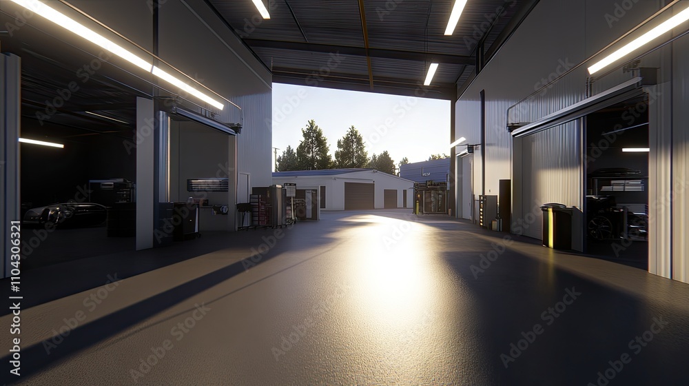 Modern Automotive Workshop Interior with Sunlight and Shadows Modern Automotive Workshop Interior with Sunlight and Shadows